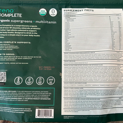 Zena Nutrition Complete Organic Super Greens Powder & Multivitamin – Watermelon Citrus, 30 Packets
