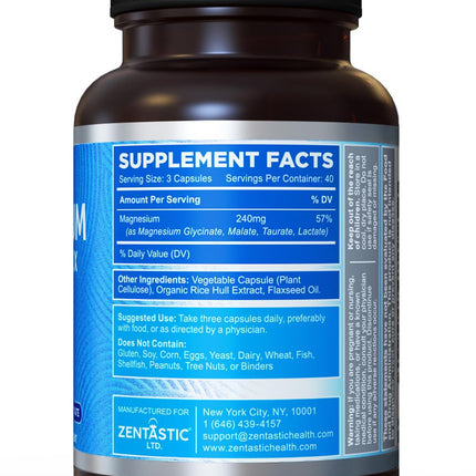 Zentastic Magnesium Complex – 600 Magnesium Capsules – Chelated Magnesium Glycinate, Malate, Taurate & Lactate | Support Bones & Muscles