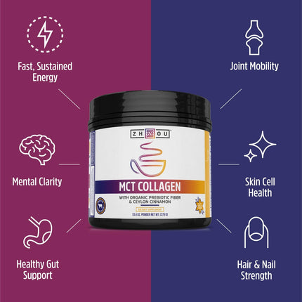 Zhou MCT Collagen Powder – Vanilla, 13.4 oz | Hydrolyzed Collagen + MCT