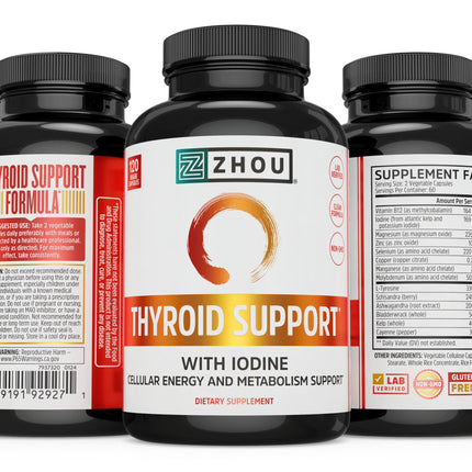 ZHOU Thyroid Support - Thyroid Supplement for Women & Men | Iodine, Selenium & Zinc | 120 Veggie Capsules