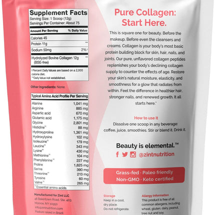 Zint Collagen Peptides Powder (32 oz) | Grass-Fed, Hydrolyzed Type I & III | Unflavored