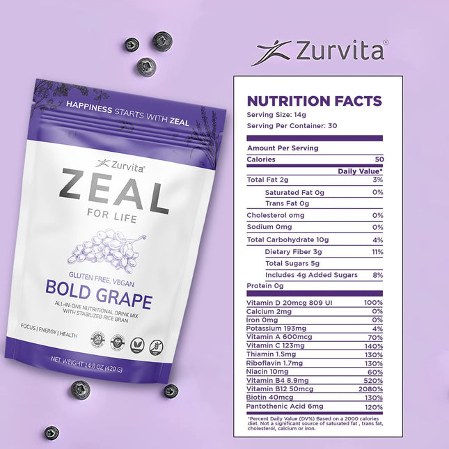 Zurvita Zeal for Life - Bold Grape Flavor | Daily Nutrition for Vitality & Wellness - 30-Day Wellness Bag 420g